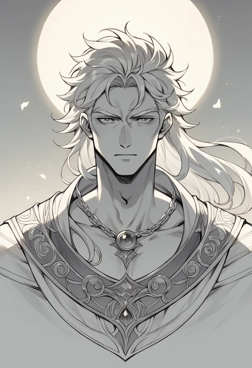 This image portrays a mystical figure male with flowing, black and white hair and a serene expression, surrounded by divine tones and ethereal lighting. The setting seems to evoke a sense of otherworldly presence, suggesting themes of divinity, fantasy, or spirituality.