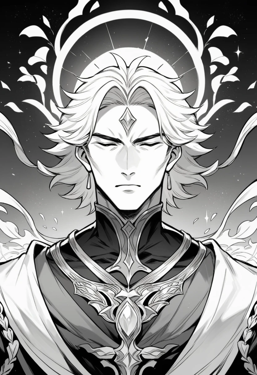 This image portrays a mystical figure male with flowing, black and white hair and a serene expression, surrounded by divine tones and ethereal lighting. The setting seems to evoke a sense of otherworldly presence, suggesting themes of divinity, fantasy, or spirituality.