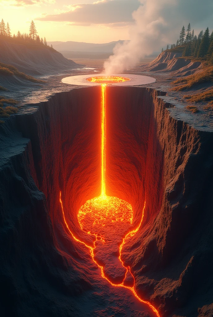 Cut to: A slow zoom into the ground, transitioning to an animated cross-section showing the magma chamber beneath Yellowstone]