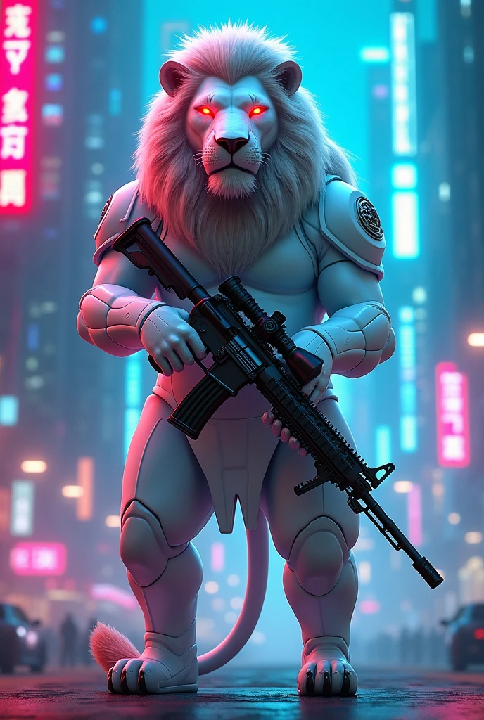 lion with white costume red glowing eyes, using m416 in cyberpunk neon city with blue and pink light