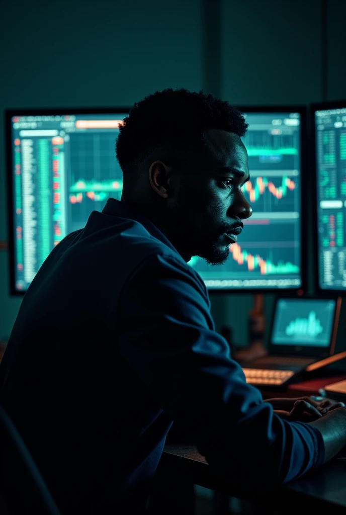mAKE A HUMAN BEING, his name is fxhitman, a forex trader known for his market sniping abilities, black nigerian guy btw, dark enviroment surrounded with forex charts on screens, make it look like a movie poster, his face shouldnn't show fully it should be covered in shadow