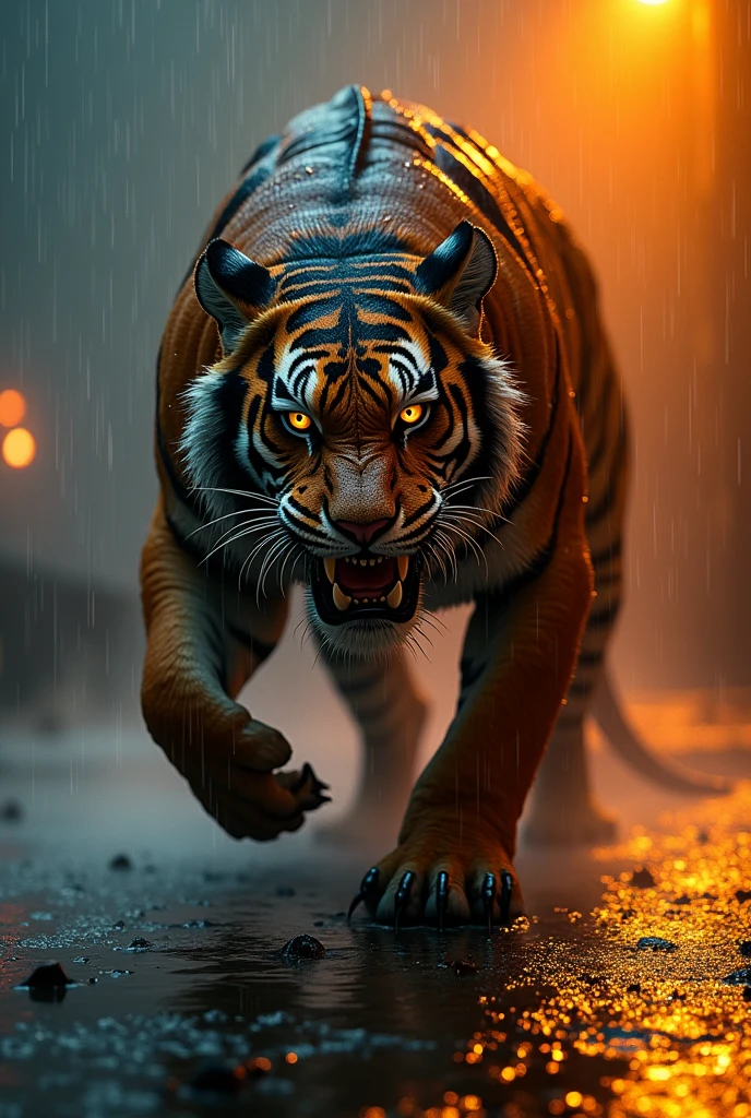 Tiger with crocodile combination in rainy day night with orange light