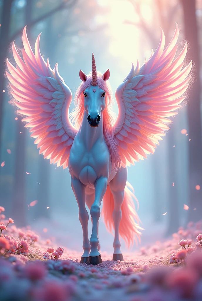 Female unicorn walking on two legs,  spreading its wings, viewer view, rainbow unicorn