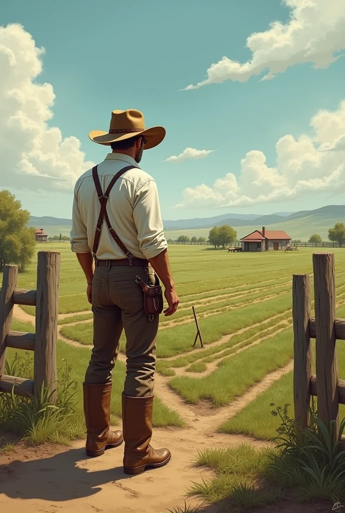 The scene shows a man looking at his plantation, small and modest. This man wears a white shirt, brown pants, brown boots and a brown hat.