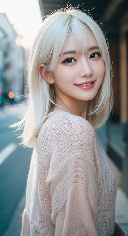Happy smile seeing this、In the city、(Highest quality,8K quality,masterpiece:1.3,),(Ultra-high resolution:1.3,Photorealistic:1.4,RAW Photos:1.2),(Ultra-detailed:1.2,Glowing Skin,Detailed skin:1.1),(Detailed face,Perfect Anatomy,Caustics:1.2),,1 girl,cute,Japanese,1,Japanese Ido,white hair, [(gradient hair from white to blonde:1.4):0.4], medium hair,cute目,Natural Makeup,bright casual clothes,Laughter,Looking into the camera,On the face,Face Focus,Professional Lighting,Natural soft light,