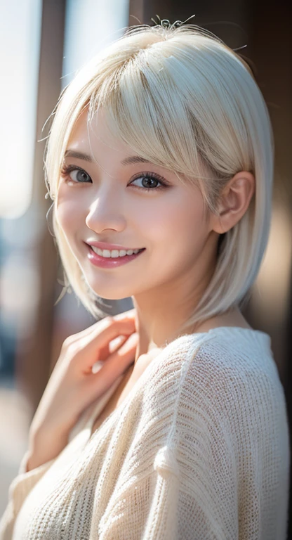 Happy smile seeing this、In the city、(Highest quality,8K quality,masterpiece:1.3,),(Ultra-high resolution:1.3,Photorealistic:1.4,RAW Photos:1.2),(Ultra-detailed:1.2,Glowing Skin,Detailed skin:1.1),(Detailed face,Perfect Anatomy,Caustics:1.2),,1 girl,cute,Japanese,1,Japanese Ido,white hair, [(gradient hair from white to blonde:1.4):0.4], medium hair,cute目,Natural Makeup,bright casual clothes,Laughter,Looking into the camera,On the face,Face Focus,Professional Lighting,Natural soft light,
