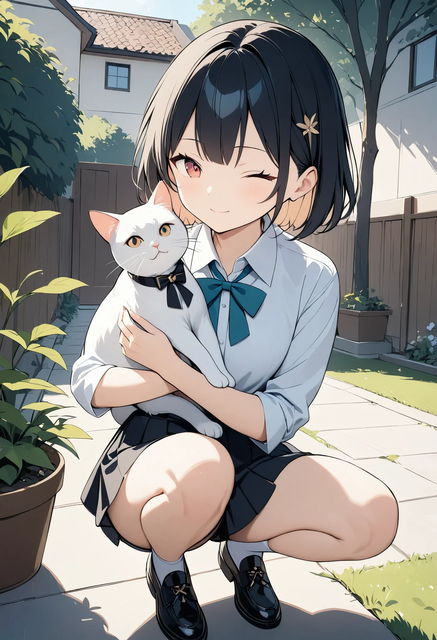 ((Amazingly absurd)),(masterpiece:1.2),超High resolution, Attention to detail, high quality, High resolution, 最high quality, 4K, 8k、squat、Wink,boyish、Very Short Hair、high school girl、garden、Cuddle the cat