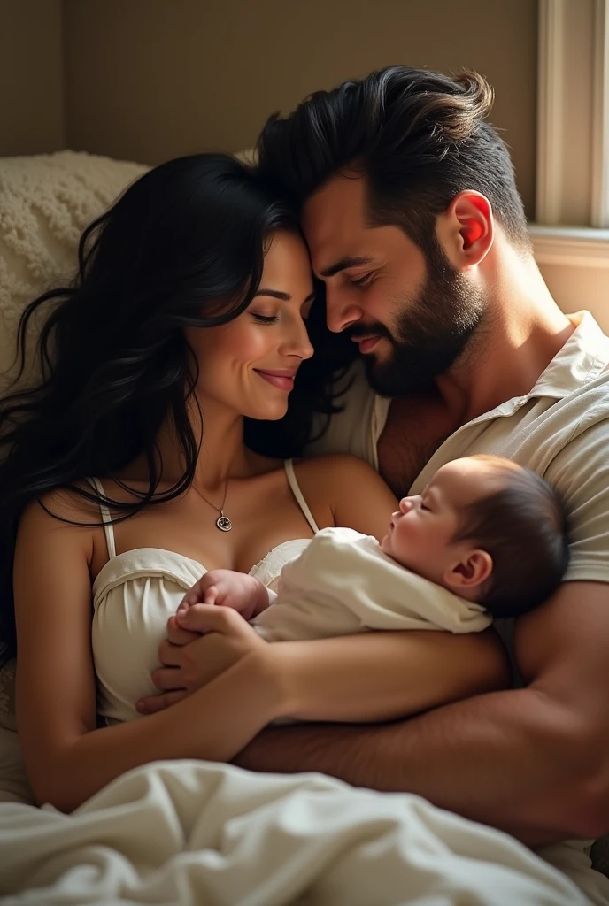 The wolverine hugging a black wavy haired woman while also looking at their newborn baby