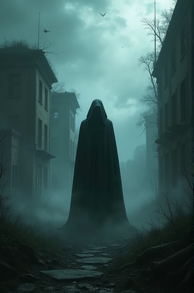 The atmosphere should evoke mystery and fear, with a focus on the haunting ambiance of the scene."