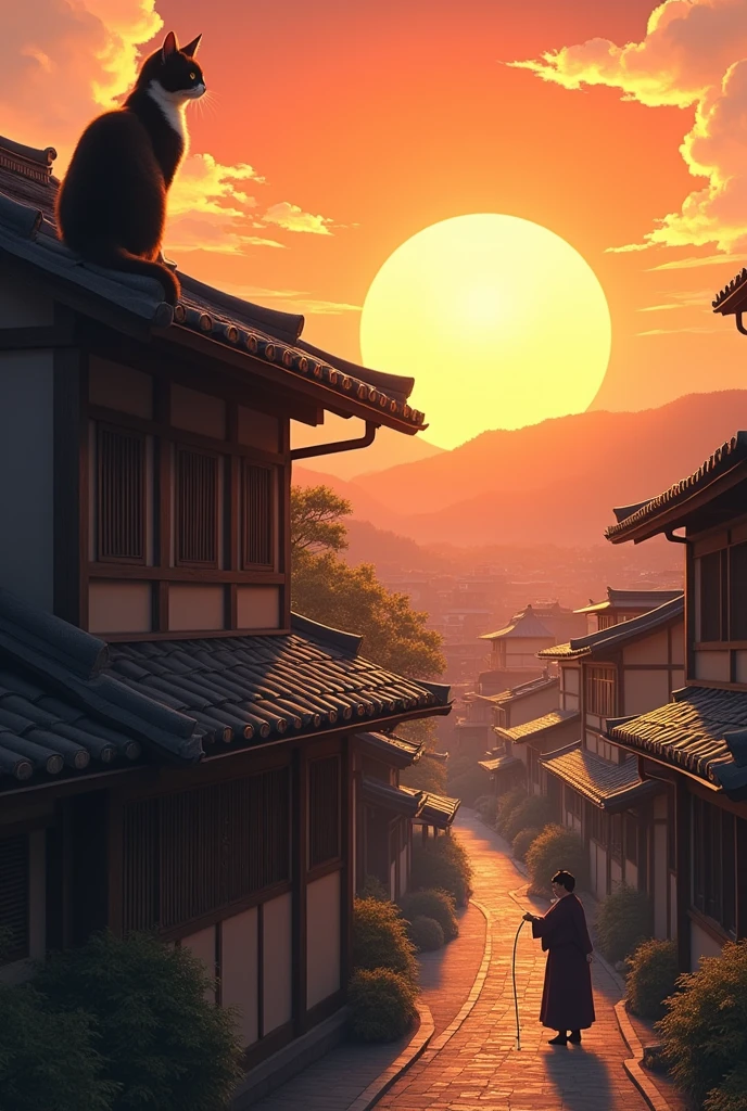 Old Townscape Cat's back view sunrise beautiful Japan Grandma sprinkling water
