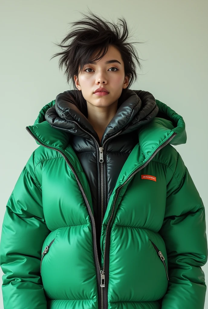woman stupid hair ,2 jackets,1 jacket black- white jacket zipper closed,2 jacket green down puffer jacket zipper open
