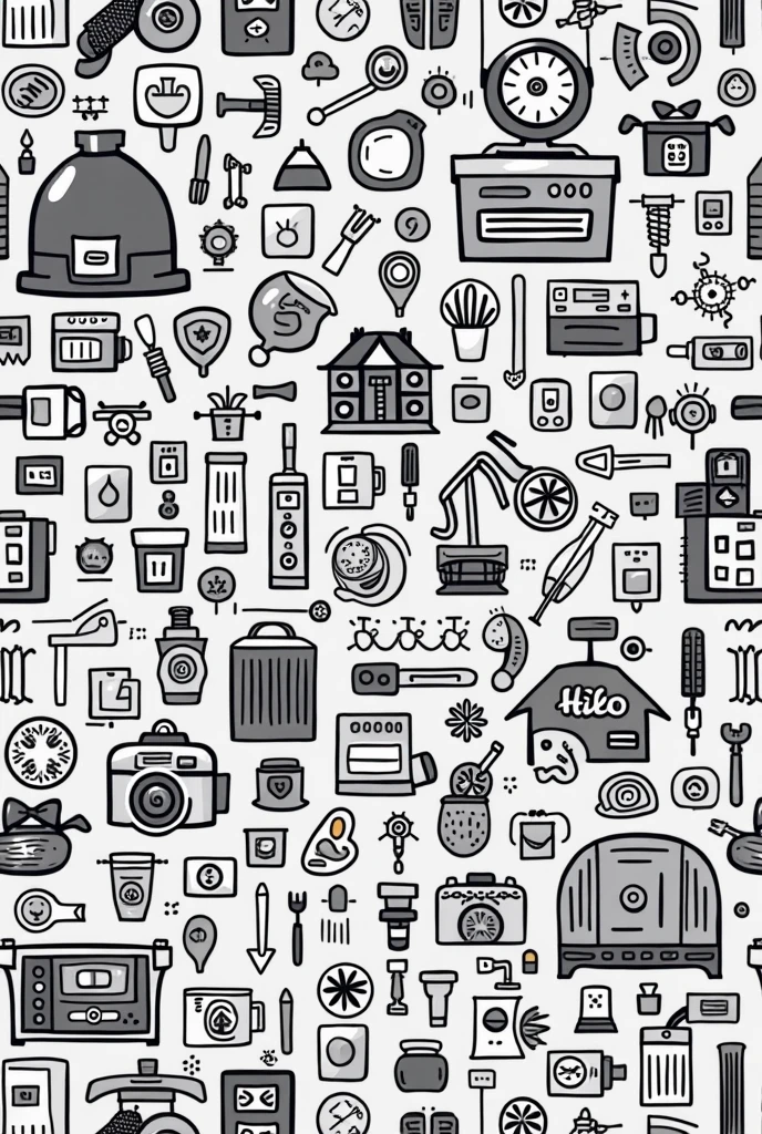 create an image in the Pattern Illustration style, preta e branca, as in whatsapp chat wallpaper, with the edges of various marketplace products, as household products, kitchen, of automotive parts, musical instruments and other miscellaneous products.