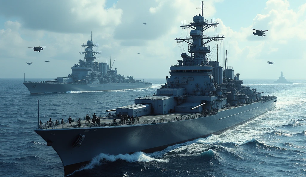 Battleship illustrations。
The battleships are huge、Characterized by sharply angled design。
The hull is a dark metallic color.、Armor plates and armaments are depicted in detail.。
Multiple large turrets and missile launchers are installed on the hull.。
The vast ocean spreads in the background。
Small fighter jets and drones fly around the battleship.、A tense scene in which the characters prepare for battle.。
