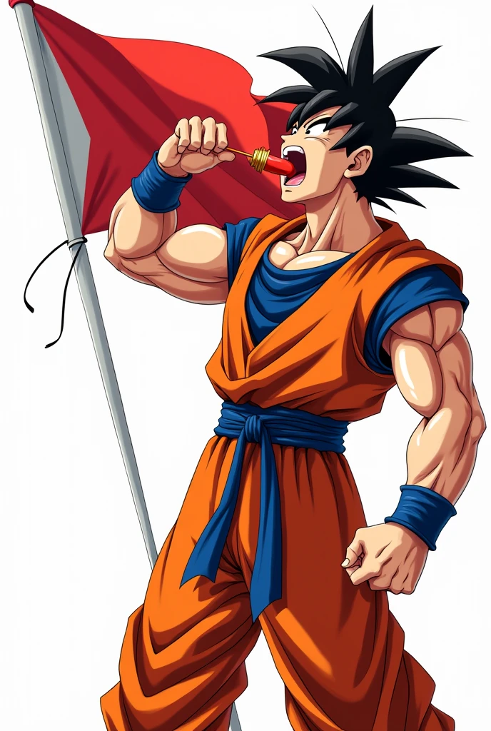 Happy Goku eating flag on white background

