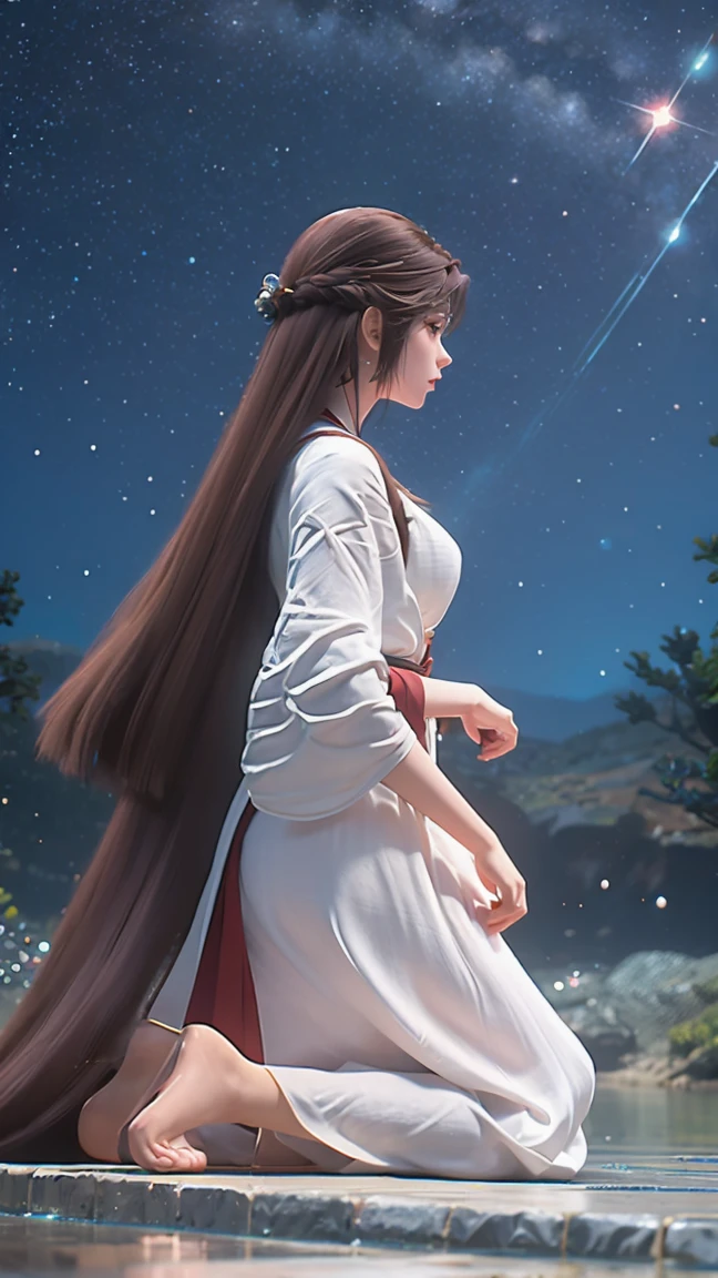 Cartoon woman kneeling on the starry sky, Water splashes at the knees,CG Social Trends, Smooth anime CG art, Starry sky background,Full body view,Royal sister kneeling posture