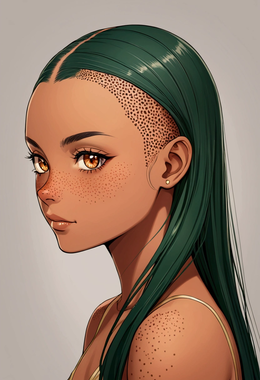 Tan skin Girl side view
dark green long hair with shaved side amber eyes freckles, shaved one side bald, shaved one side of head