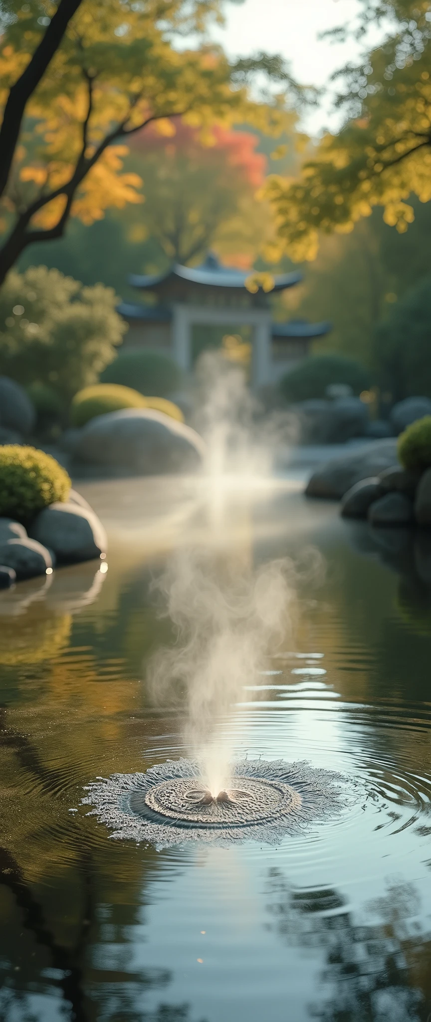 (masterpiece:1.2, Highest quality, Ultra-high resolution, Very detailed, Realistic, Ultra-high resolutionのカメラ), 8k, wallpaper, (Shooting the pond from above), (A detailed depiction of the pond bottom with the water surface reflections removed:2.0), sunny, Japanese garden, Serene landscape, Healing. [(Suspended in the air between scene and the viewer, a translucent, almost ghostly black message reads exactly: "PEACE". The text appears as if it's floating, blurred at the edges, with the letters formed from a faint mist or white smoke that lingers in the space. The smoky words are readable, though not overly bright, hovering just in front of his gaze, creating a surreal yet powerful effect. Text exactly says: "PEACE". They seem to be written in chalk. The text says: "PEACE". semi-transparent text that reads 'PEACE' in a dramatic, bold font. The text almost acts as a title, floating in the air, partially obscuring the scene but enhancing the overall tension and urgency of the moment)]