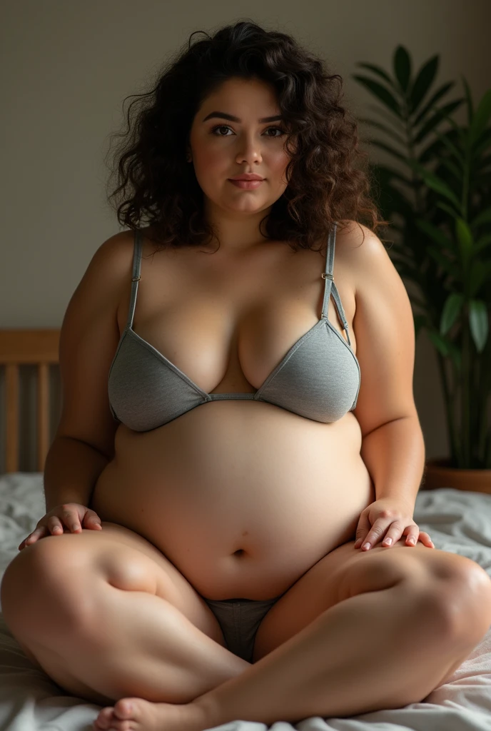 A brunette girl with curly hair and big breasts sits with her legs stretched out, taking a realistic photo