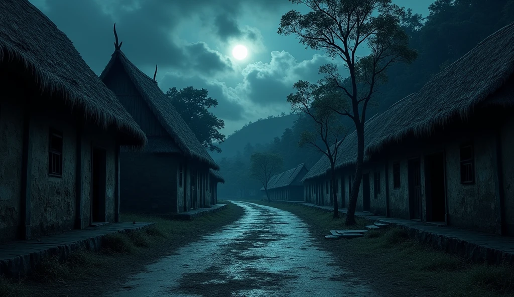 A frightening image in the middle of the night of the street of an old thailand village of the 17th century in Gothic style with one-story mud brick houses with thatched roofs. lots of nature The house was on one side of the road, on the edge of a valley.
