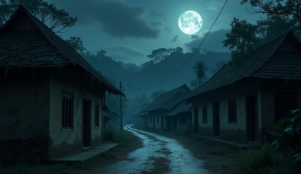 A frightening image in the middle of the night of the street of an old thailand village of the 17th century in Gothic style with one-story mud brick houses with thatched roofs. lots of nature The house was on one side of the road, on the edge of a valley.