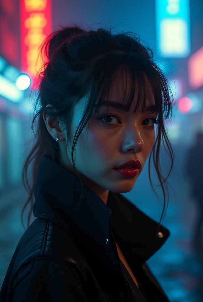city street, neon, fog, volumetric, closeup portrait photo of young woman in dark clothes