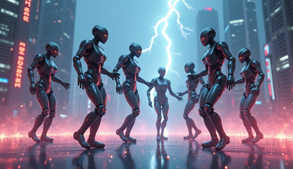 (Ultra detailed), cyberpunk, lightning, particles, robots, shot from above, A group of robots is dancing.