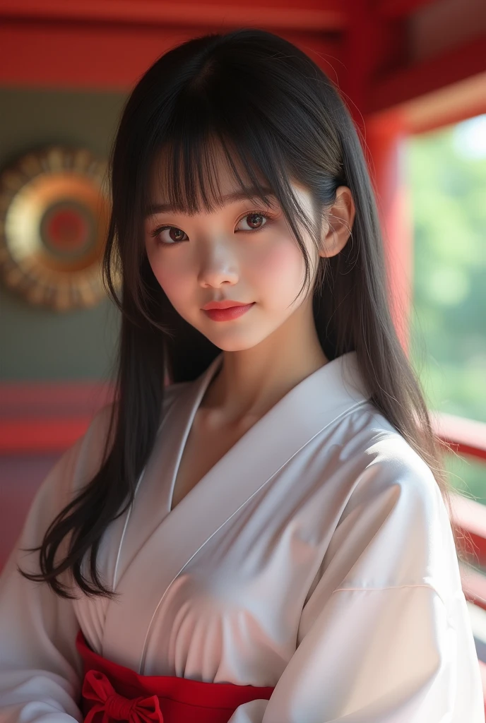 Realな写真、、Japanese high school girl、Japanese Idol、(((Highest quality、Tabletop、8k、Best image quality)、(Beautiful Japanese Perfect Shrine Maiden:1.1)、(The perfect and most natural white robe of a shrine maiden:1.3)、(The perfect and most natural shrine maiden's red hakama:1.3)、(Elegantly styled hair:1.1)、(Close-up of face:1.1)、look at me、The best smile、The background is a magnificent and luxurious shrine.、The majestic and luxurious exterior resembles a real shrine、A gorgeous and authentic shrine with Niwa lacquerware))、Straight Hair、bangs、Detailed face and body、Sleep in bed、Natural lighting、High resolution、Photorealistic、(Highest quality、8k、High resolution、masterpiece:1.2)、Super detailed、(Real、Photorealistic、Photorealistic:1.37)、Realな肌の質感、Detailed eyes and lips、Beautifully detailed face、Long eyelashes、Smooth Skin、Slim figure、cute、smile、Young、、、