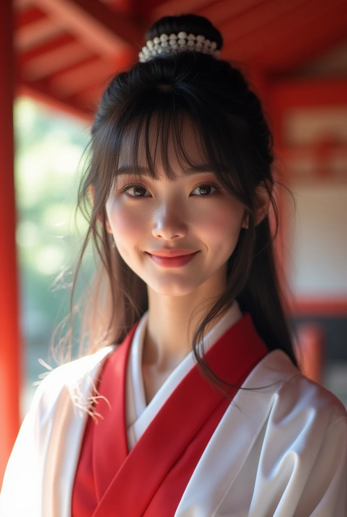 Realな写真、、Japanese high school girl、Japanese Idol、(((Highest quality、Tabletop、8k、Best image quality)、(Beautiful Japanese Perfect Shrine Maiden:1.1)、(The perfect and most natural white robe of a shrine maiden:1.3)、(The perfect and most natural shrine maiden&#39;s red hakama:1.3)、(Elegantly styled hair:1.1)、(Close-up of face:1.1)、look at me、The best smile、The background is a magnificent and luxurious shrine.、The majestic and luxurious exterior resembles a real shrine、A gorgeous and authentic shrine with Niwa lacquerware))、Straight Hair、bangs、Detailed face and body、Sleep in bed、Natural lighting、High resolution、Photorealistic、(Highest quality、8k、High resolution、masterpiece:1.2)、Super detailed、(Real、Photorealistic、Photorealistic:1.37)、Realな肌の質感、Detailed eyes and lips、Beautifully detailed face、Long eyelashes、Smooth Skin、Slim figure、cute、smile、Young、、、