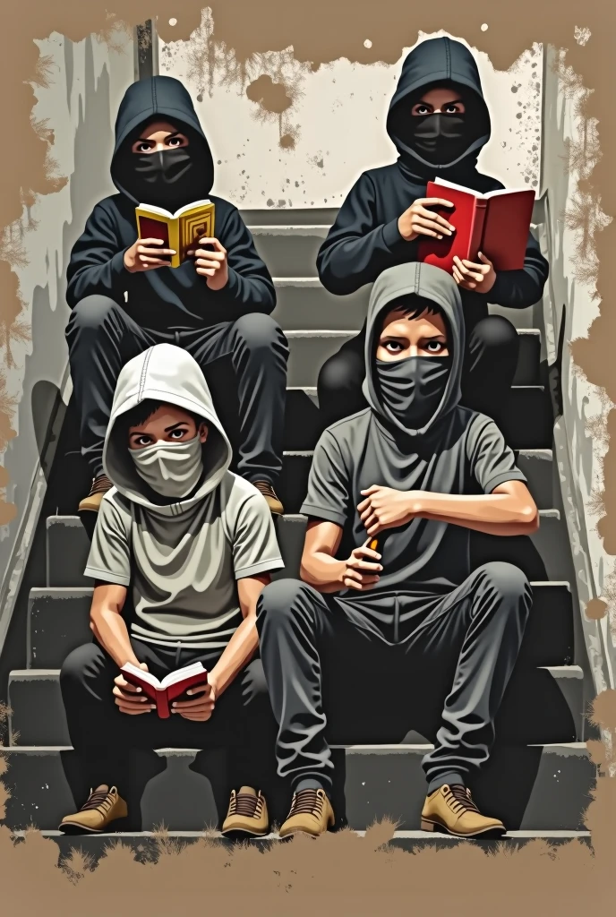 Draw a stencil shape of four children on a staircase, where two are standing, two sitting, all wearing a shirt covering their face and pointing books as if they were weapons, looking like bandits from the favelas of Rio de Janeiro. The books must be closed and the children holding them as if they were pulling the trigger of the gun., but it&#39;s actually a book.