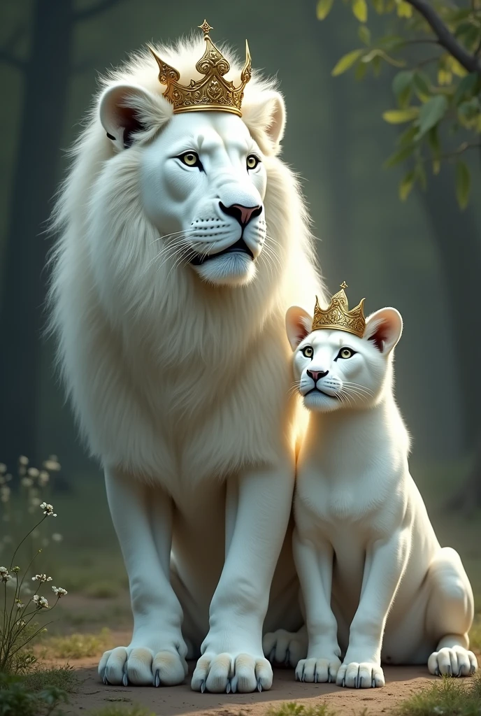 White colour lion with crown with her queen female lion 
