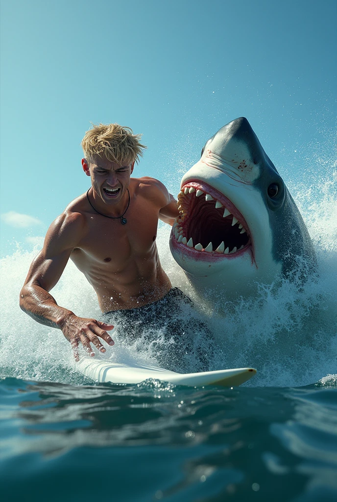 shark attacks shirtless blond surfer in open ocean