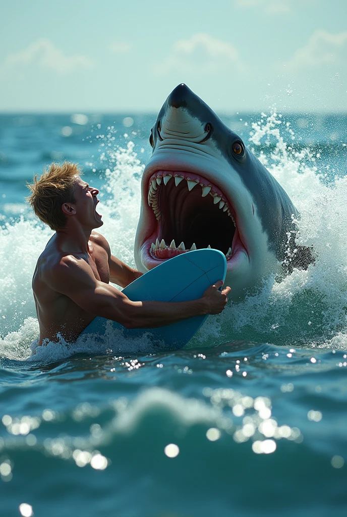 shark attacks shirtless blond surfer in open ocean