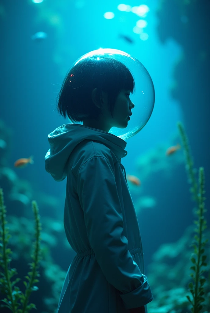 upper body,(underwater:1.2) , sea plants, fish, bioluminescence, futuristic, science fiction, bokeh, lighting (volumetric, cinematic, dim blue), caustic, depth of field, bubble helmet, space helmet, short hair, girl, Cute Japanese girl ,
