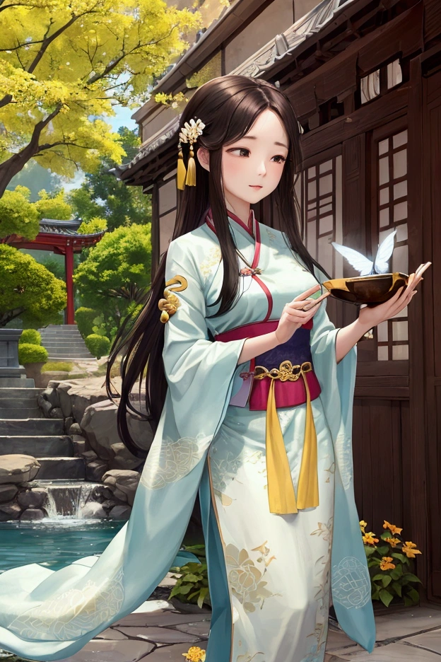 The picture shows a beautiful lady,她坐在一个In the classical courtyard,Holding a guzheng,Playing it。Her face is beautiful,Eyes focused and affectionate,Long hair fluttering in the wind,Dressed in gorgeous ancient costumes,The whole person exudes a noble and elegant temperament。In the classical courtyard,Tree-lined,Floral fragrance overflowing。There is a small bridge and flowing water in the courtyard,Rockeries,There are also flying butterflies and singing birds,Create a peaceful and beautiful natural atmosphere。The work adopts an aesthetic healing style,Emphasize the beauty of the picture and the healing of emotions。The colors of the picture are soft,Smooth lines,Gives a dreamy beauty。Used digital,Created with electronic devices。Rich in picture details,Delicate texture,Showing the unique charm of digital art。Medium shot angle,Focus on the pretty lady playing the guzheng and the garden environment around her。This perspective makes the picture more,It also adds to the emotional depth of the work.。The work is of very high precision,The facial expressions of the pretty lady and the details of the zither are portrayed very delicately.。The overall picture is full of color,The light and shadow effects are excellent,It gives a strong visual impact。At the top of the screen,With the playing of the guzheng,Notes leap from the strings,It forms the image of two classical figures, a man and a woman.。They hugged each other,Dance to the music,It seems to be telling an ancient love story。This musical image forms a wonderful visual and auditory fusion with the beautiful lady and the courtyard in the picture.,Increases the layering and artistic charm of the work。