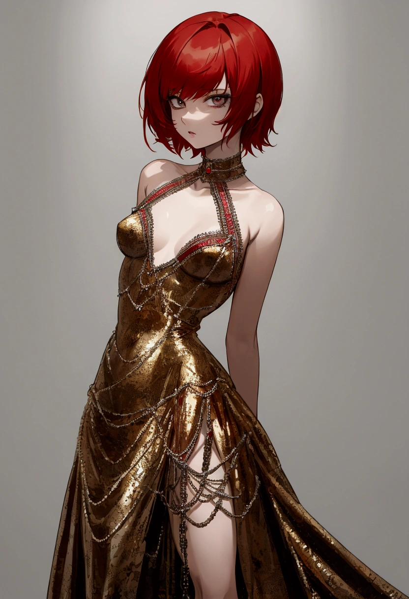 red hair, short haircut, small breast, in chains