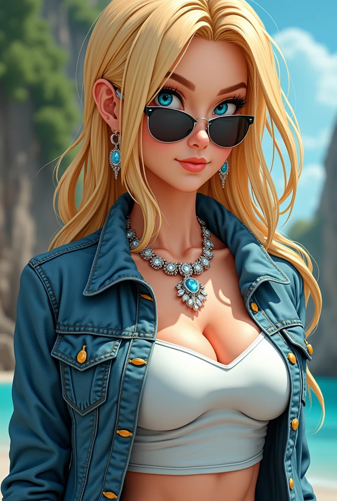 Dbz Android 18 wearing a casual outfit wearing a diamond necklace, wearing sunglasses, diamond earrings 