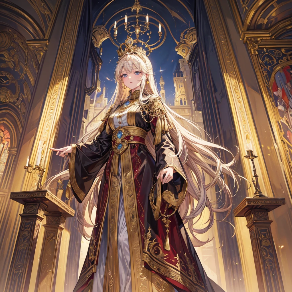 NSFW, ((masterpiece, best quality, extremely detailed, absurdres)), Create a high-resolution, highly detailed anime-style illustration that captures the grandeur and elegance of a medieval Western royal family. The illustration should feature a king, queen, and princess, each radiating an aura of nobility and power. The royal family is depicted in a luxurious setting, surrounded by opulent decorations and ornate elements that emphasize their status. The king stands tall, exuding authority and wisdom; the queen, graceful and composed, reflects regality; and the princess, youthful yet poised, symbolizes hope for the future. The subjects are dressed in richly detailed royal attire, with intricate patterns and designs that showcase their wealth and influence. The overall composition should evoke a sense of awe and respect from those who view it, as if the family is a beacon of leadership and power. The lighting is soft yet dramatic, enhancing the textures and depth of the characters and their surroundings. The background is an elaborate palace interior with grand pillars, velvet drapes, and majestic chandeliers. The illustration should maintain a balance between realism and the softness typical of anime art, ensuring that every detail, from the characters' facial expressions to the smallest elements in the background, contributes to the overall impact of the piece. --royal family, --Noble Princesses, --sexy, --erotic