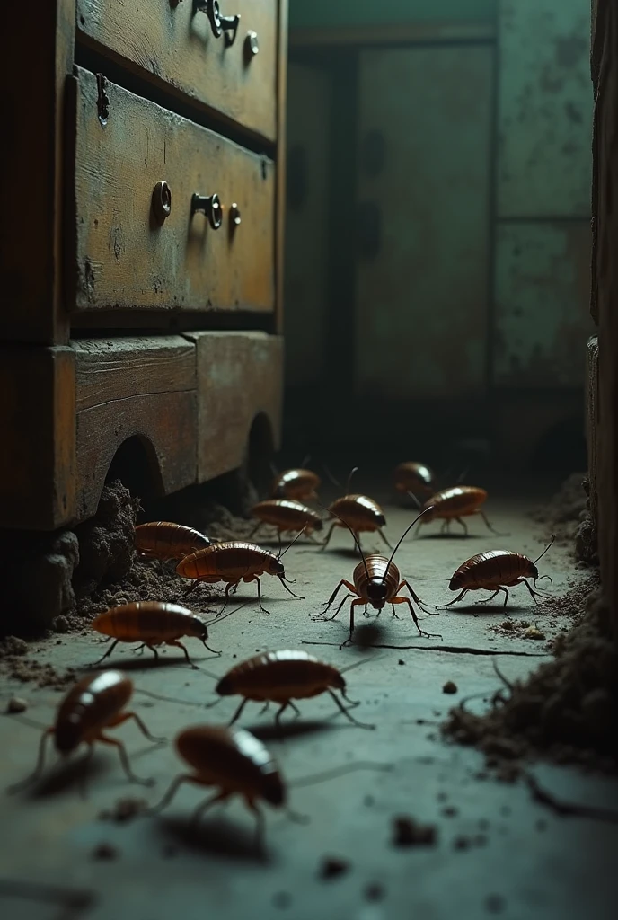 German cockroaches peeking out of drawers and cracks in a kitchen