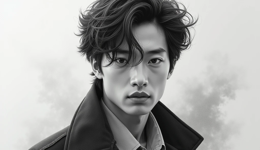 a young asian man, pencil sketch, beautiful detailed face, mesmerizing eyes, perfect facial features, tousled hair, swaying jacket, windblown hair, realistic, photorealistic, masterpiece, exquisite detail, hyperrealistic, cinematic lighting, dramatic atmosphere, emotive, striking pose, elegant, refined, high quality