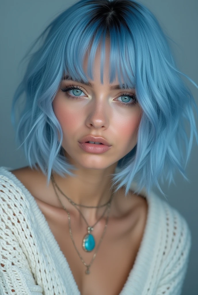 (Best quality, 8k, 32k, Masterpiece, UHD:1.2),Photo of Pretty 18  american woman, large breasts, very short bob hair,upper body,face focus,(oversized_sweater,:1.1) necklace, background, looking at viewer, leaning forward, (((blue hair with sliver bangs))), (((vibrant light blue eyes))) (((award winning detail)) ((avatar makeup and popstar clothes)))