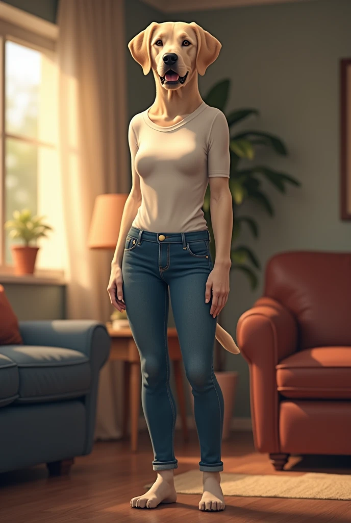(photo brute, best quality) , (realistic, photo-realistic: 1.4), extremely formidable general plan, head of'artwork, ultra-detailed, high resolution, Meilleure illustration, best shadow, Complexe, depth of field, belle femme labrador anthropomorphe qui peut marcher sur ses deux pattes arrière, she wears blue jeans, chemise blanche, she has a nice tail, she is in a living room, Style photoréaliste 8k, DSLR, high quality, (grain de film: 1.4), Fujifilm XT3,