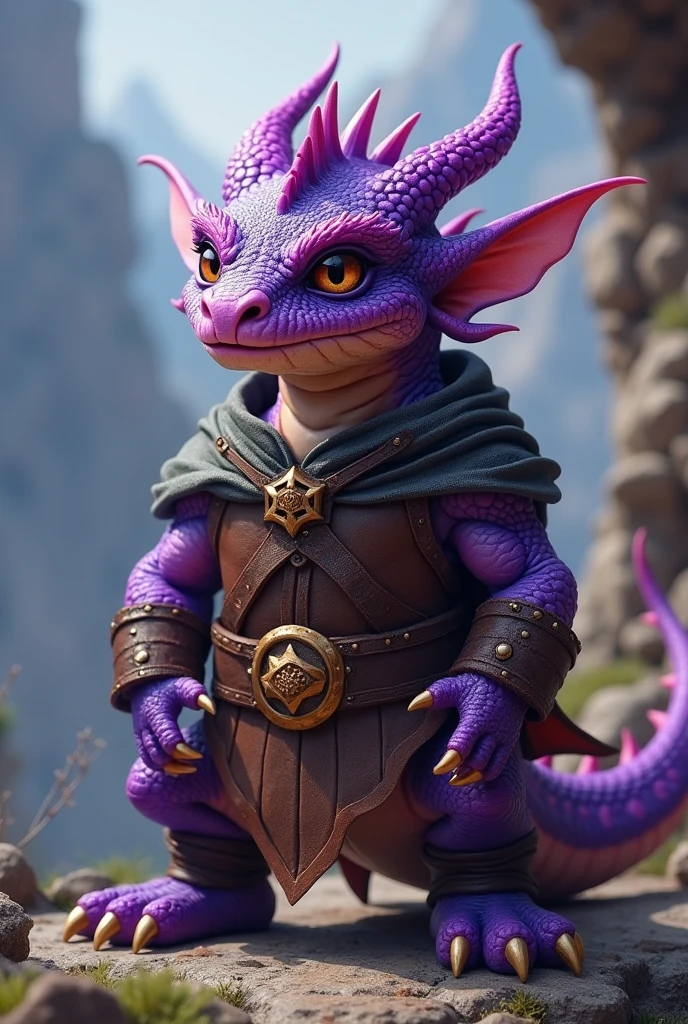 Creates the image of a dwarf dragon (purple) , his clothing is that of a dwarf , FantasyStyle 