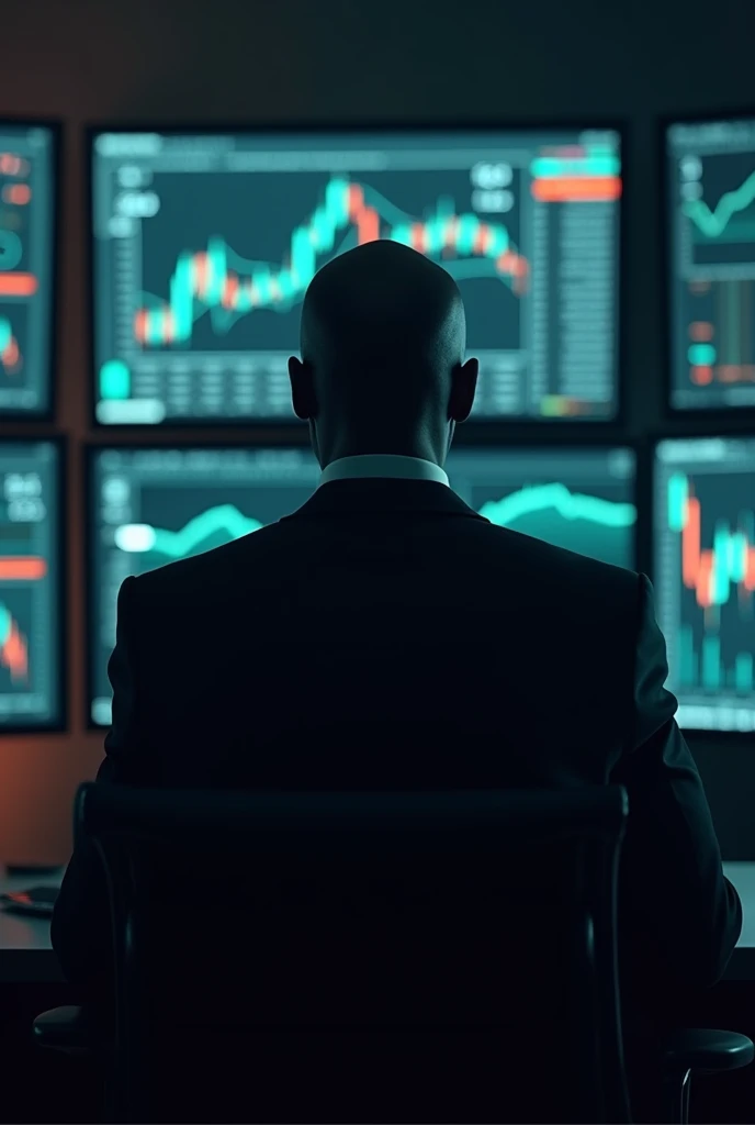 mAKE A HUMAN BEING, his name is fxhitman, a forex trader known for his market sniping abilities, black nigerian guy btw, dark enviroment surrounded with forex charts on screens, make it look like a movie poster, his face shouldnn't show it should be covered in shadow, he has bald head, amd looks like s hitman