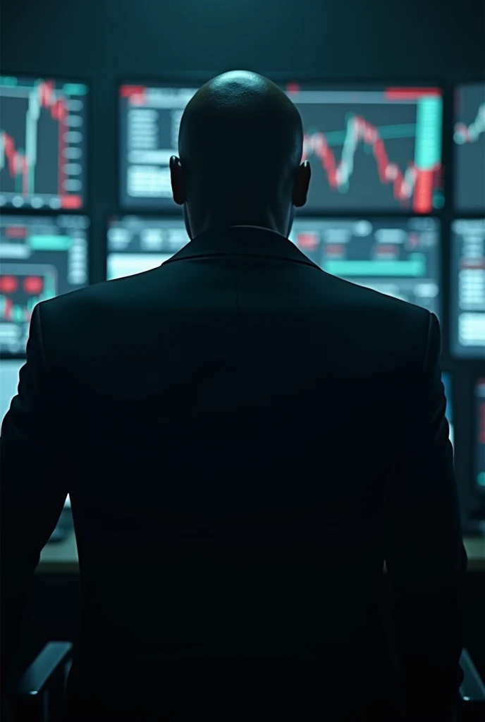 mAKE A HUMAN BEING, his name is fxhitman, a forex trader known for his market sniping abilities, black nigerian guy btw, dark enviroment surrounded with forex charts on screens, make it look like a movie poster, his face shouldnn't show it should be covered in shadow, he has bald head, amd looks like s hitman