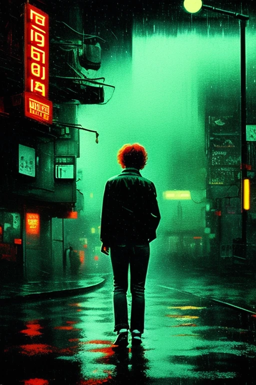 Poster for 1986 psychological sci-fi horror thriller film starring eighteen-year-old Molly Ringwald wearing a dark-green jacket with sleeves rolled up, white shirt, and blue jeans, in the style of Noriyoshi Ohrai, extremely detailed, creepy, eerie, atmospheric, hallucinatory, heavy rainfall, neo-noir, tech-noir, night, neon