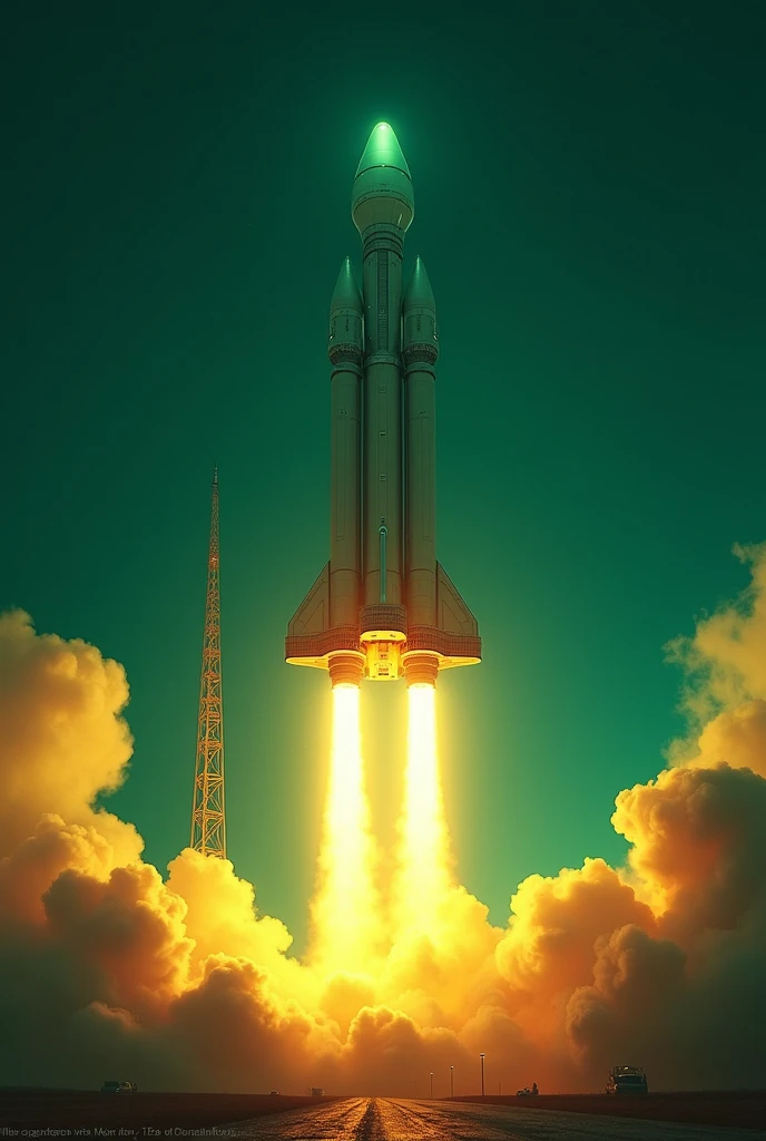Create a cool picture of a big rocket rising in neon green and yellow