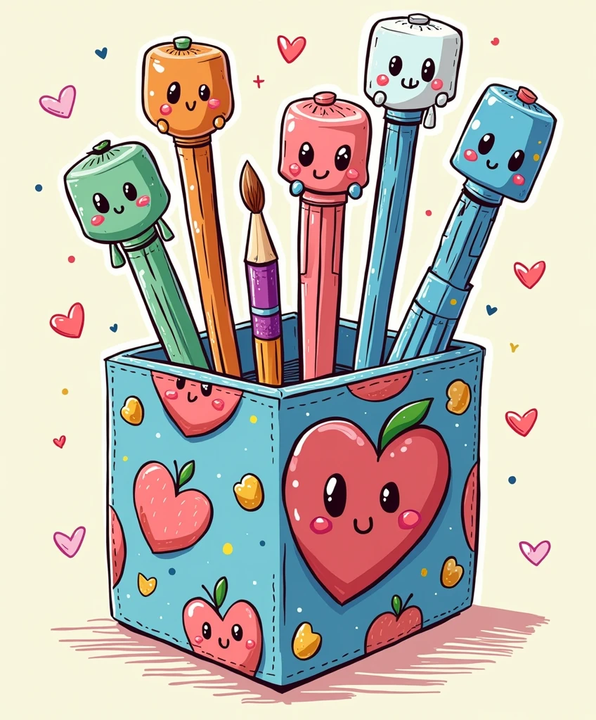 Very fun and cute pen holder vector art with 5 pens inside, squishmallows interact