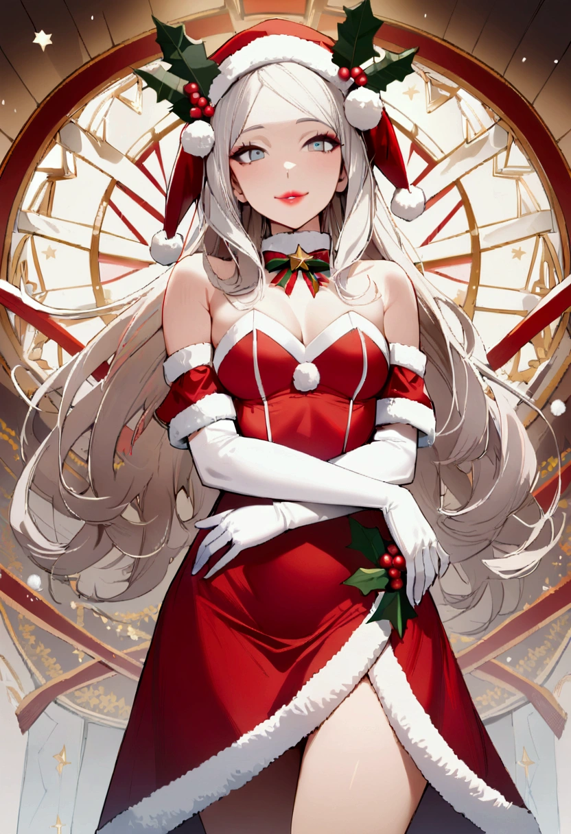 1 girl, Alone, masterpiece, Best Quality, High resolution, Very detailed, (illustration), beautiful detailed eyes, Dorotea ,bright lips, light makeup, warm smile, long white satin elbow length gloves ,cowboy shot, (Santa Claus), red Papa Noel dress, Whole body, white elbow length gloves, long white gloves