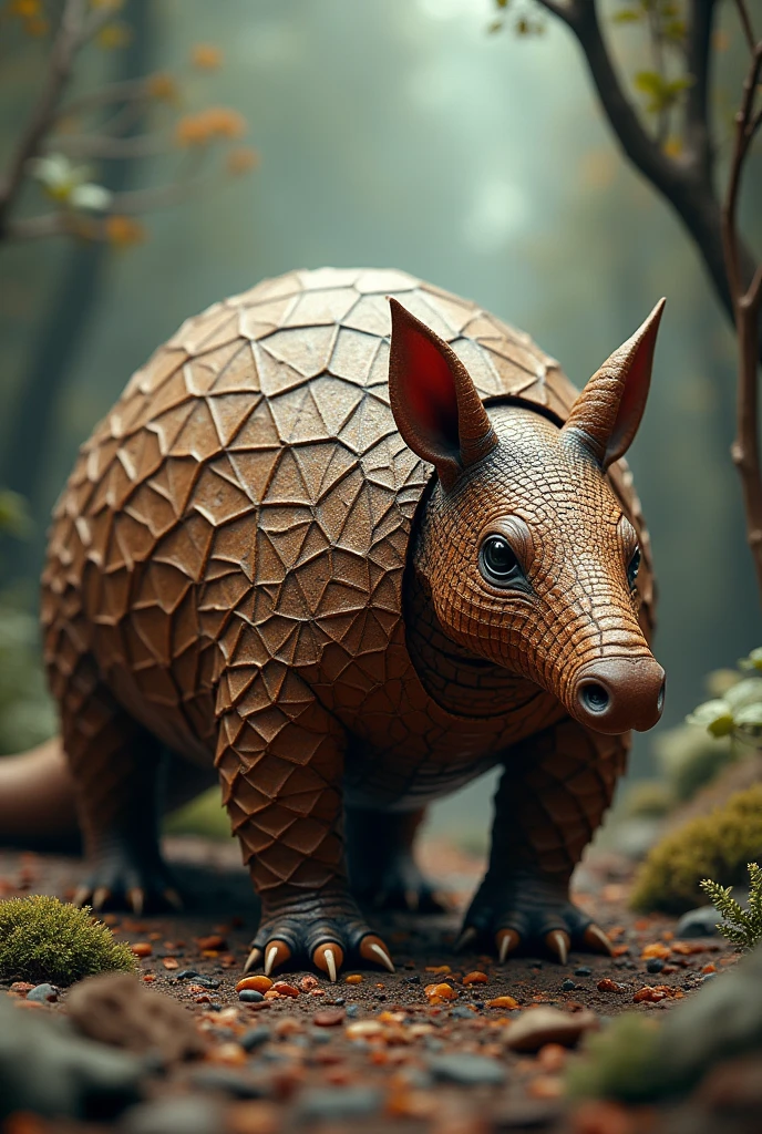 Create a brown armadillo with a pattern on its scales,uses a semi-realistic style,Fantastic