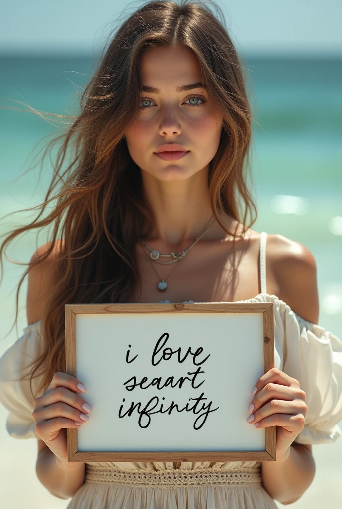 Beautiful girl with wavy long hair, bohemian dress, holding a white board with text "I Love Seaart Infinity" and showing it to the viewer